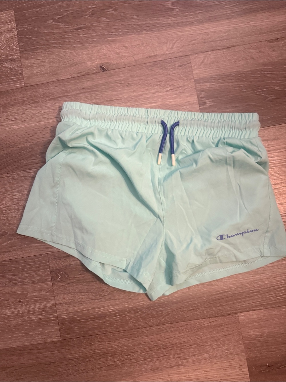 Champion Light Aqua Running Shorts with Navy Drawcord